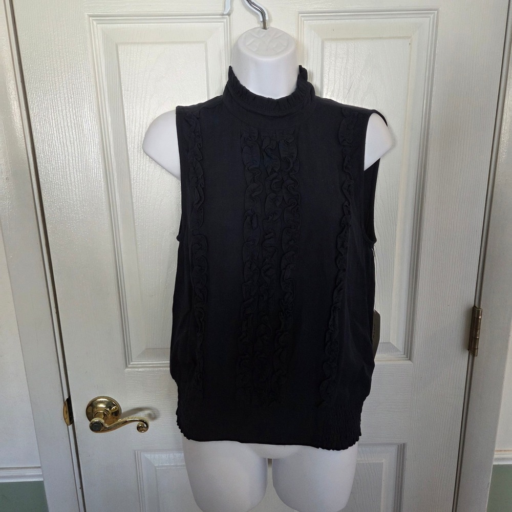FRAME Navy Blue Ruffle High Neck Sleeveless Smocked Hem Top LWSH0815 Size Sm NEW